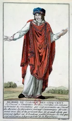Comissão Executiva: Fantasia como membro do Conselho dos Cinco Cêntimos. Gravura do século XVIII Paris, B.N.