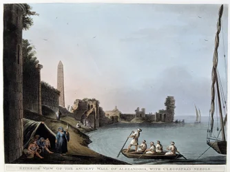 Vista exterior do antigo muro de Alexandria, com a agulha de Cleópatra (muralhas e obelisco) - em "Vistas no Egipto, Palestina e outras partes do Império Otomano".