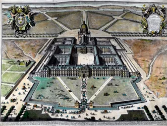 Vista exterior do hotel des Invalides em Paris, no século XVIII. Gravura do séc. XVIII. Colecção privada.