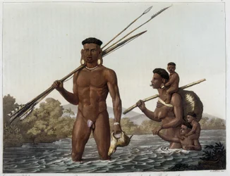 Família de índios Botocudos retornando da caça e atravessando o rio Rio Grande para Belmonte, no Paraguai, em "The Old and Modern Costume" 1818-1820, de Ferrario.
