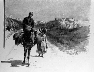 Família viajando no caminho para Calatafimi, Gravura Siciliana do século XIX