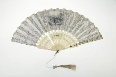 Ventilador, c.1850, Papel pintado, osso, prata e borla de fio de seda e metálico, Maker unknown