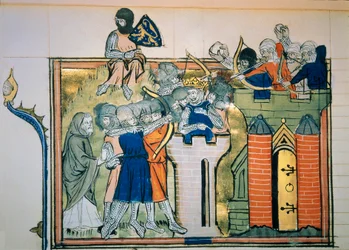Primeira cruzada: Godefroi (ou Godefroy) de Bouillon (1058-1100) numa torre redonda atacou Jerusalém em 1099. Miniatura de "Roman De Godefroy De Bouillon et de Saladin".
