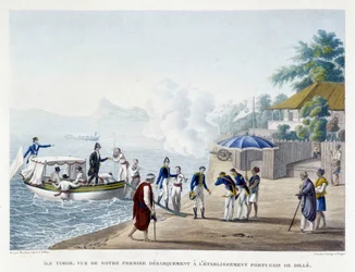 Primeiro descascamento dos franceses no assentamento português de Dille, na ilha de Timor.