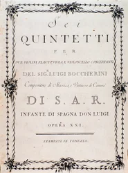 Primeira página da partitura musical de "" Seis quintetos para dois violinos, flauta de viola e violoncelo "" de Luigi Boccherini