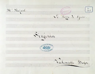 Primeira página da partitura do violoncelo em Le nozze di Figaro, ópera de Mozart (século XIX)