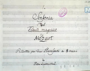 Primeira página da partitura sinfónica reduzida a dois pianos e oito mãos de Die Zauberflote, ópera de Mozart , versão de Lichtenthal (século XIX)