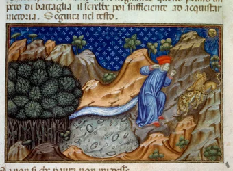 A primeira canção do Inferno, uma panela que se opõe à passagem de Dante. Ilustração da "Divina Comédia" (Divina Commedia) de Dante Alighieri (1265-1321). Miniatura de um manuscrito do século XV. Paris, B.N.