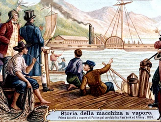 Primeira viagem do barco a vapor "Clermont" de Robert Fulton (1765-1815), engenheiro americano no rio Hudson, EUA