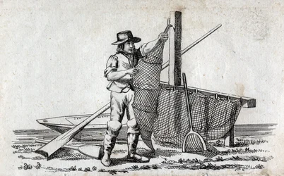 Pescador e rede de pesca. Gravura fina do século XVIII. Colecção privada.