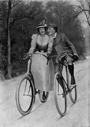 Flirt de fim de século: dupla uma bicicleta - gravura