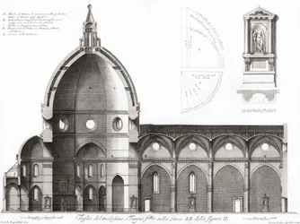 Florença, Itália. O Duomo ou catedral de Santa Maria del Fiori. Secção transversal da catedral. Depois de uma gravura do século XIX (gravura)