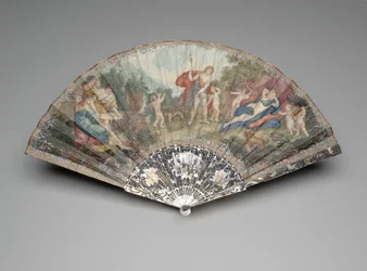 Leque dobrável com "Adônis liderado por Cupidos a Vênus", segundo Francesco Albani, monte c.1720s-1730s, guardas e varas c.1740s-1750s (guache e aquarela sobre folha dupla de velino, madrepérola, joia e gema de pasta )