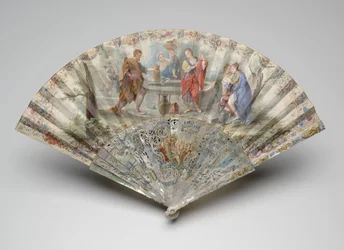 Leque dobrável com Rebecca e Eliezer no poço, c.1740s