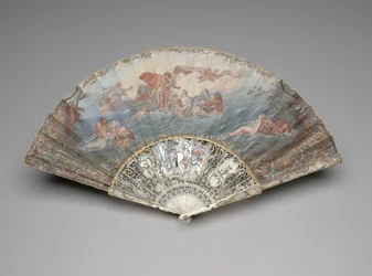 Leque dobrável com "O Pôr do Sol", segundo François Boucher, depois de 1753 (guache & w - c em folha única de pergaminho, marfim, douramento, guache, madrepérola e gemas em pasta)