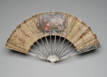 Leque dobrável com o Nascimento de Vênus, c.1770s-80s (guache em folha de seda única, palha, latão, fio metálico, osso, dourado, madrepérola e gemas em pasta)