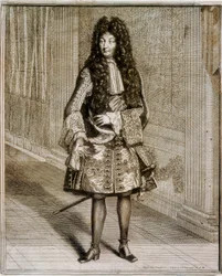 Retrato de corpo inteiro do rei Luís XIV, conhecido como o Rei Sol (1638-1715). Gravura do século XVIII. Biblioteca Nacional de Madrid.