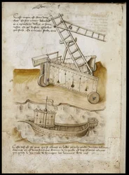 Fortress Approach and Ship - Manuscrito: folha de pergaminho de um manual de engenharia para a construção de edifícios civis, religiosos e militares, anónimo, final do século XV (figura em tinta chinesa)