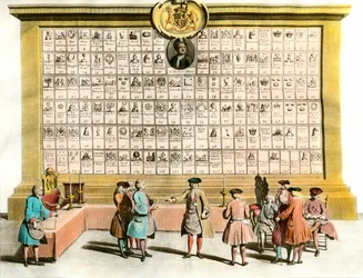 Maçonaria: reunião de maçons ingleses com símbolos das principais lojas maçónicas. Prancha do século XVIII. Paris. Artes decorativas