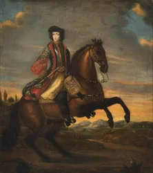 Frederic IV de Holstein Gottorp a cheval - Retrato de Frederick IV (1671-1702), Duque de Holstein-Gottorp a Cavalo, Anônimo . Óleo sobre tela