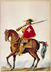 Armee francês: De Valmont, mosqueteiro da guarda do Cardeal Richelieu. Gravura do século XVII. Paris, B N