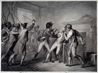Revolução Francesa: Prisão de Robespierre a 27 de Julho de 1794 (9 Termidor ano II). Gravura do século XVIII. Paris, Musee Carnavalet