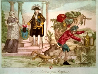 Revolução Francesa: «Isto não durará para sempre»: camponês oprimido por um prelado e um nobre. Gravura do século XVIII. B.N., Paris.