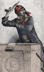 Revolução Francesa: Retrato de Jean Paul Marat (1743-1793), deputado Montagnard na Convenção, ramifica uma pistola no pódio -