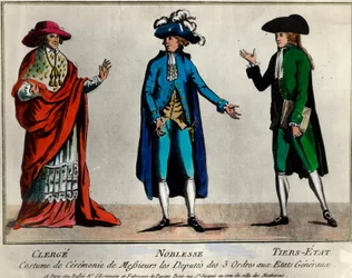 Revolução Francesa: representação dos deputados das três ordens nos Estados Gerais em traje cerimonial: o clero, a nobreza e o terceiro estado. Gravura do final do século XVIII, colecção particular