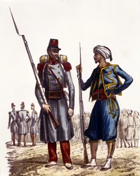 Uniforme militar francês: À esquerda, uma legião estrangeira formou-se e foi enviada para a Argélia em 1831. À direita, cavaleiros indígenas, treinados e enviados para a Argélia em 1841. Em L