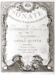 Frontispício de 12 sonatas para violino, baixo e cravo por Arcangelo Corelli (1653 - 1713). Versão em francês.