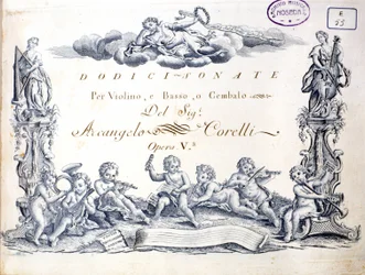 Frontispício de 12 sonatas para violino, baixo e cravo por Arcangelo Corelli (1653 - 1713).