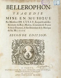 Frontispício da tragédia "Bellerophon" Lyrique em cinco atos com um prólogo de Jean Baptiste Lully (Giovanni Battista Lulli) (Jean-Baptiste) (1632-1687). 1714.