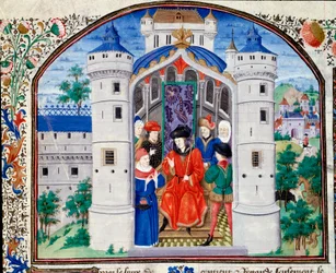 Frontispice de Economia representando o autor apresentando seu trabalho ao rei. Miniatura do manuscrito (Ms 927 Fol.426) "Commentary on Political and Economic Ethics" do filósofo grego Aristóteles (383-322 AC) traduzido por Nicolas Oresme (