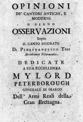 Frontispício de "Opinioni dei cantori antichi e moderni ossiano osservazioni sopra il canto figurato" de Pier Francesco Tosi (1653 - 1732), castrado, compositor e teórico italiano. 1723
