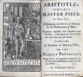Frontispício de um tratamento médico do filósofo grego Aristóteles (384-322 AC). (A OBRA-PRIMA COMPLETA DE ARISTÓTELES EM TRÊS PARTES. MOSTRANDO OS SEGREDOS DA NATUREZA NA GERAÇÃO DO HOMEM) 1753