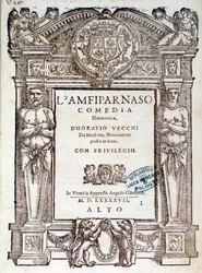 Frontispício da comédia Amfiparnaso madrigal de Orazio Vecchi