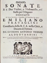 Frontispício da partitura musical de “” Sonata para 2 violinos, violoncelo e órgão, op. 5 ”” por Giuseppe Aldrovandini