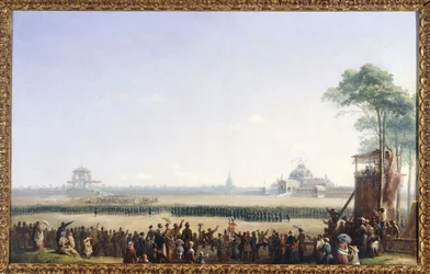 Celebração de 10 de maio de 1852 no Champ-de-Mars, distribuição de águias e bênção das bandeiras