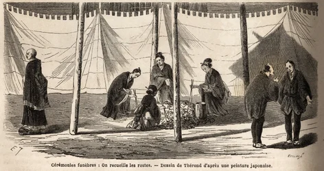Cerimónias fúnebres: após incineração, recolha de restos mortais. Gravura para ilustrar a viagem ao Japão em 1863-1864, de Aime Humbert, ministro da Confederação Suíça, no "Le tour du monde, nouveau journal des voyages", publicado sob a direção