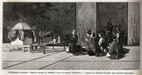 Cerimónias fúnebres: serviço religioso em frente ao caixão, na casa mortuária. Gravura para ilustrar a viagem ao Japão em 1863-1864, de Aime Humbert, ministro da Confederação Suíça, em "Le tour du monde, nouveau journal des voyages", publica