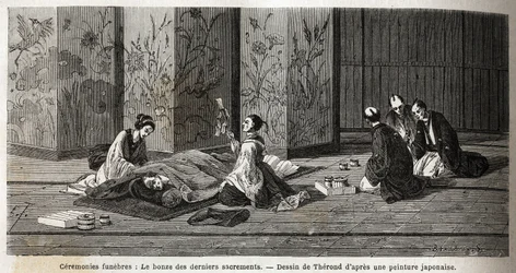 Cerimónias fúnebres: o monge dos últimos sacramentos. Gravura para ilustrar a viagem ao Japão em 1863-1864, de Aime Humbert, ministro da Confederação Suíça, no "Le tour du monde, nouveau journal des voyages", publicado sob a direção de Edouar