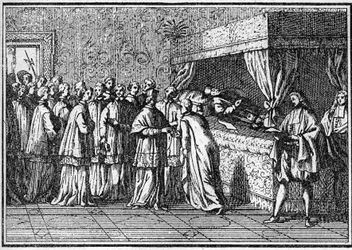 Funeral de um papa no século XVIII: reconhecimento do corpo do papa morto. Gravura em "Histoire des religions".
