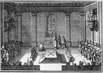 Funeral de um papa no século XVIII: a cerimónia dos obseques. Gravura em "Histoire des religions".