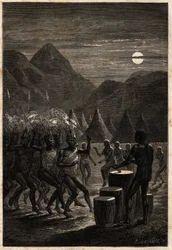 Cerimônia funerária entre os Lakutas (tribo localizada na região do Alto Nilo), tambores e danças rituais ao luar. Engravure pour illustration le voyage au lac Albert, en 1861-1864, de Sir Samuel White Baker, in "Le tour du monde, nouveau journal des
