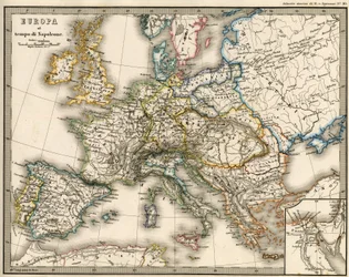 Mapa geográfico da Europa na época de Napoleão I. Em "Atlante Storico Geografico" de K. von Sruner