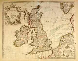 Mapa geográfico representando a Inglaterra e a Irlanda. Atlas de G. Delysle