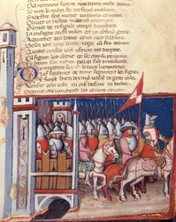 Canto dos gestos: um exército de homens a cavalo a sair de um castelo. Miniatura do manuscrito franco-italiano "Entree d