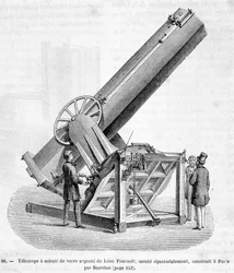 Telescópio espelhado de vidro de Léon Foucault, montado equatoriamente, construído em Paris por Secrétan - in "As maravilhas da ciência" de Louis Figuier