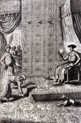Grand Moghol (Mogol ou Moghul) (provavelmente Aurangzeb (1618-1707), também conhecido como Alamgir): o Salão do Trono. "De China Monumenta" de Athanasius Kircher (1601 - 1680), jesuíta, orientalista e erudito alemão, Amsterdam 1667.